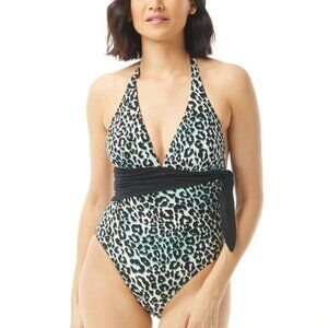 Carmen Marc Valvo Isola Jaguar Scarf Tie V-Neck Halter One-Piece Swimsuit 6